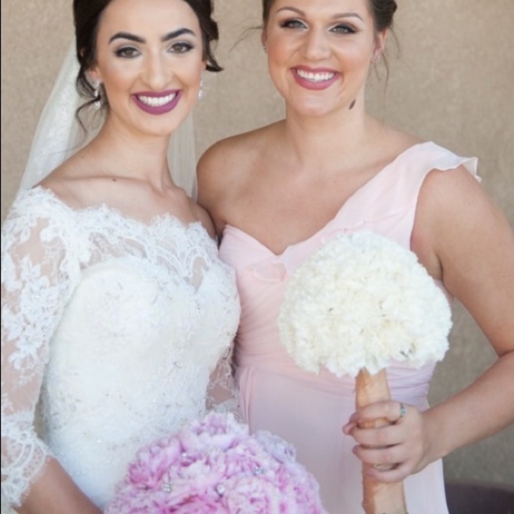 One shoulder, David’s Bridal Chif bridesmaid dress